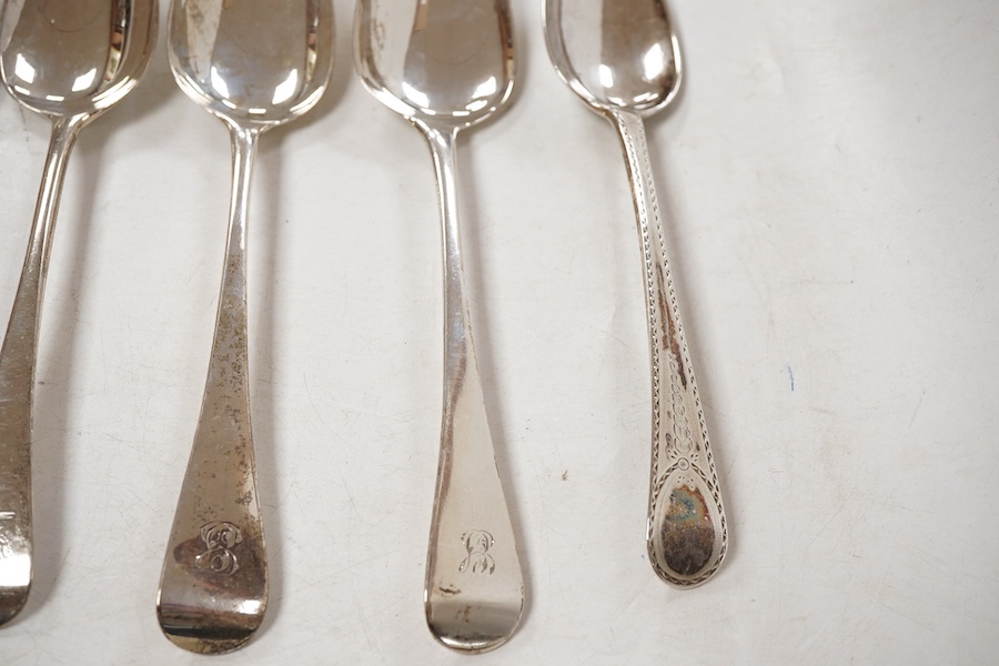 Two pairs of George III silver Old English pattern table spoons, Smith & Fearn, London, 1796 and Soloman Hougham, London, 1800, both approx. 22.2cm, together with a George III silver fiddle pattern basting spoon, Richard